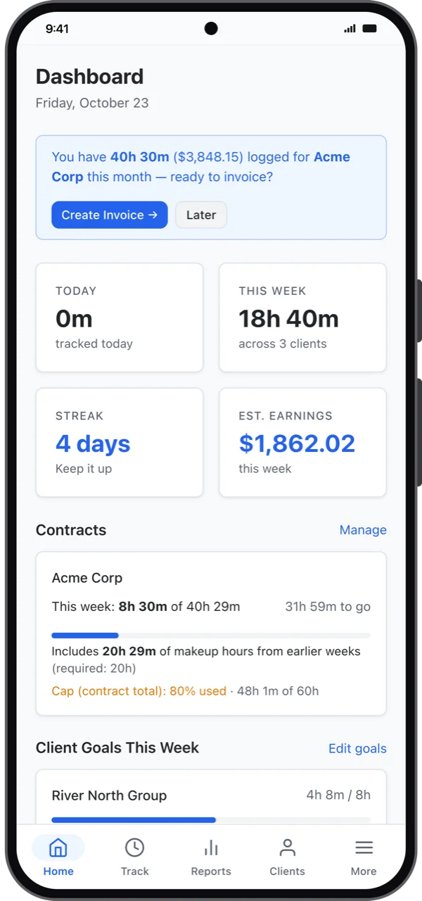 Tally on Android: the dashboard with 18 hours 40 minutes this week, a 4 day streak, $1,862 estimated earnings and the Acme Corp contract