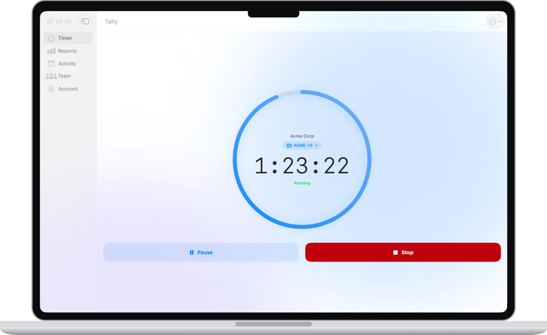 Tally for Mac on a MacBook: a timer running for Acme Corp at 1 hour 23 minutes on Jira ticket ACME-12, with the client and report sidebar