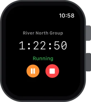 Tally on Apple Watch: a timer running for River North Group at 1 hour 22 minutes, with pause and stop buttons